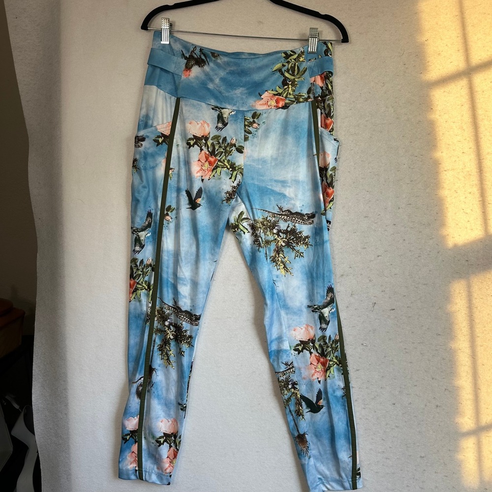 Columbia Sportswear Floral Bird Print Active Pants Blue Green pockets Womens L